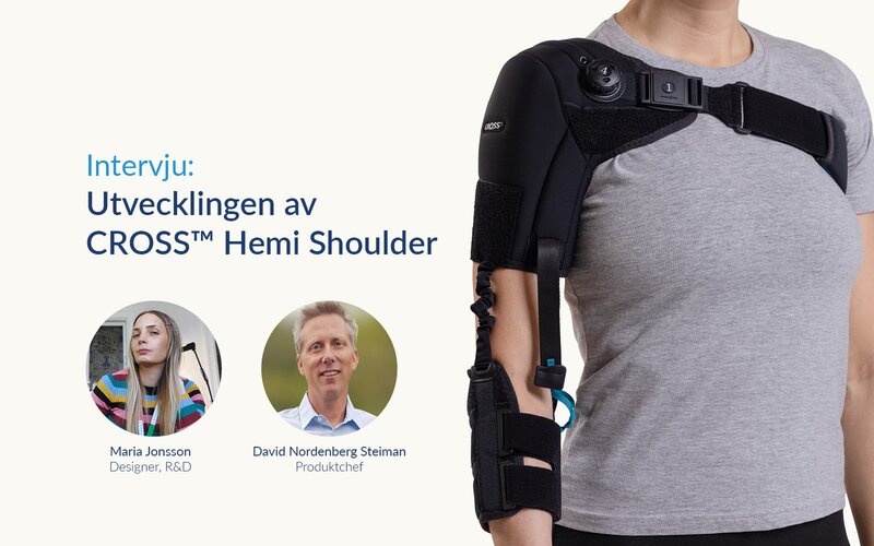 Banner nyhetsartikel: produktbild på CROSS Hemi Shoulder axelortos, porträttbilder på produktchef och R&D designer, text "Intervju: Utvecklingen av CROSS Hemi Shoulder"
